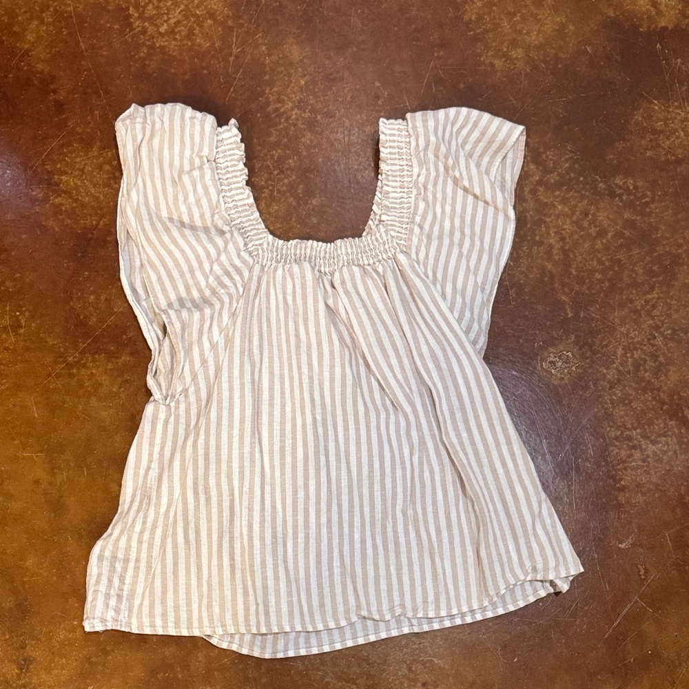 a new day Cream & Tan Striped Square-Neck Flutter Sleeve Top